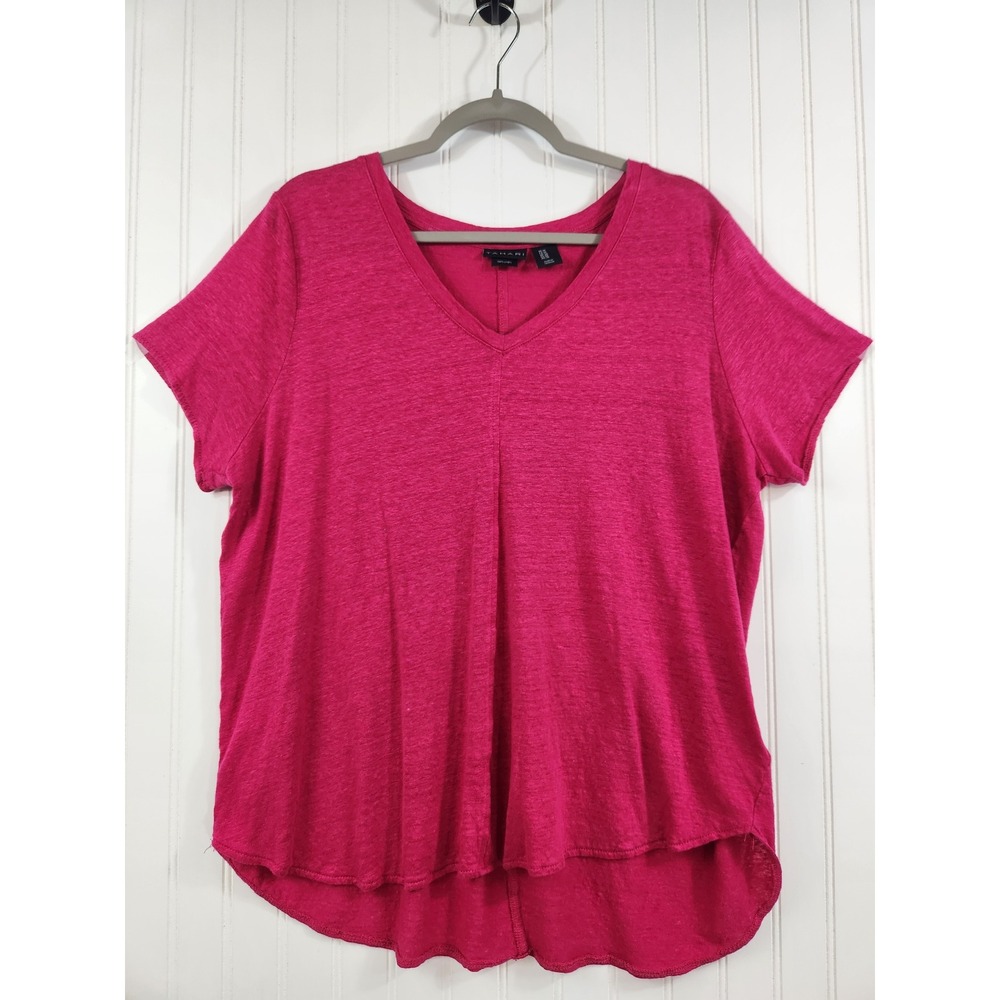 Tahari Magenta Pink 100% Linen V-Neck Short Sleeve Top Plus Size 1X Summer